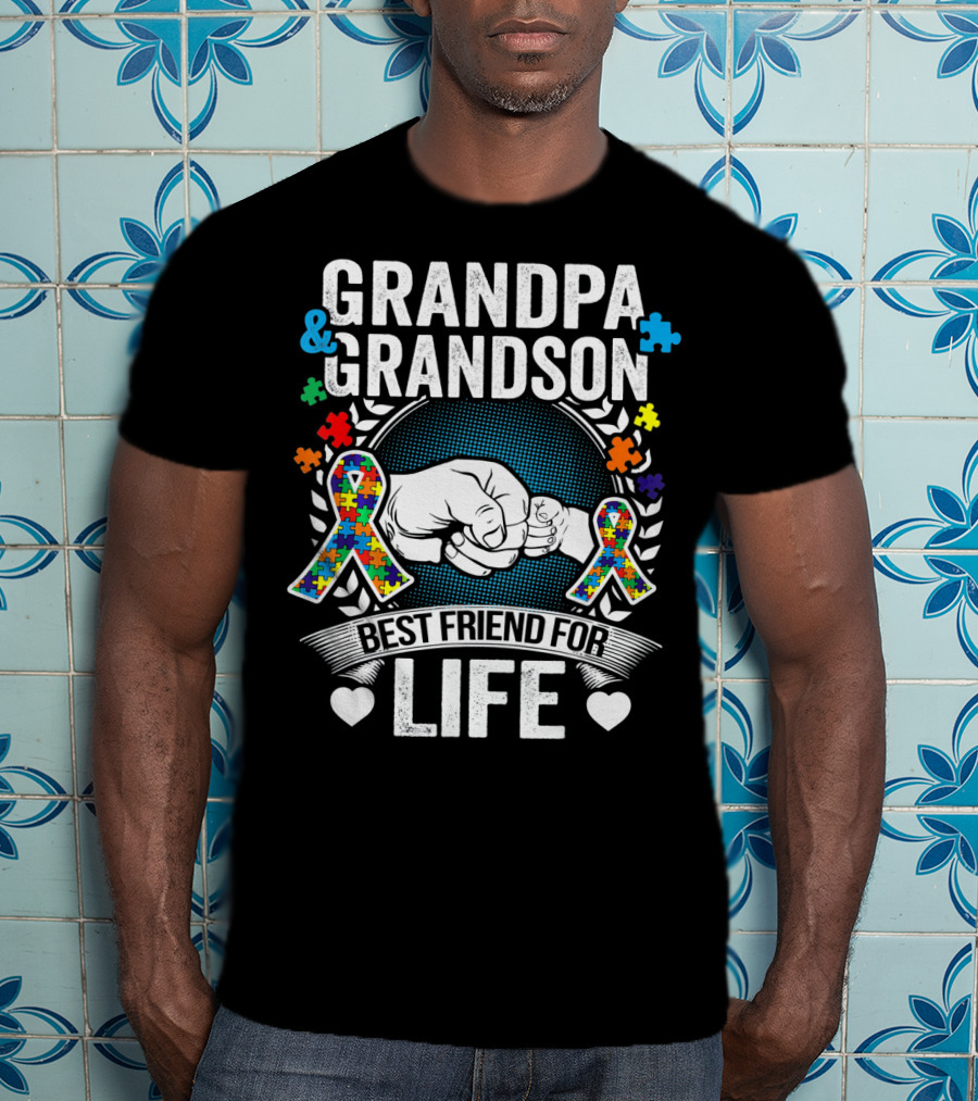 Grandpa And Grandson Best Friend For Life Autism Awareness Fist Bump Puzzle T-Shirt