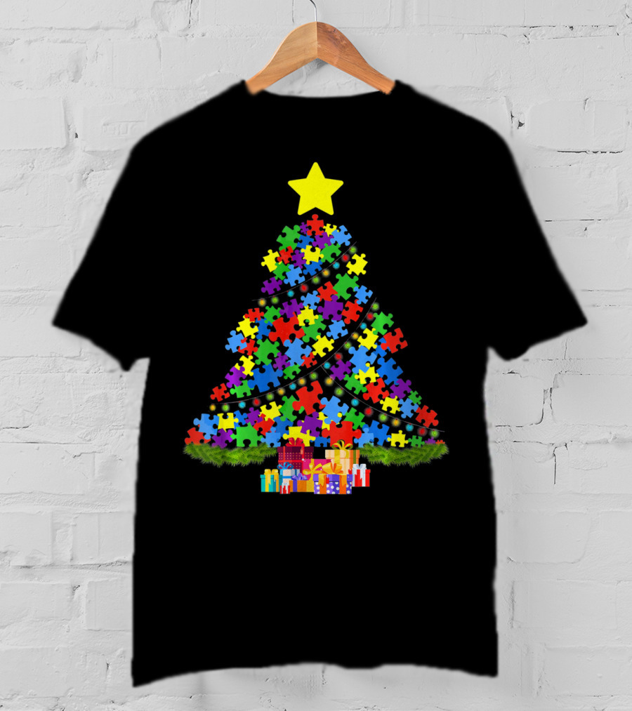 Autism Puzzle Piece Christmas Tree With Gifts And Star T-Shirt