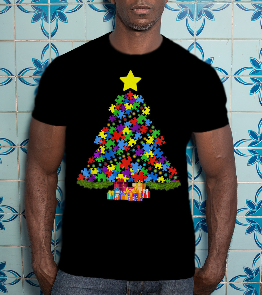 Autism Puzzle Piece Christmas Tree With Gifts And Star T-Shirt