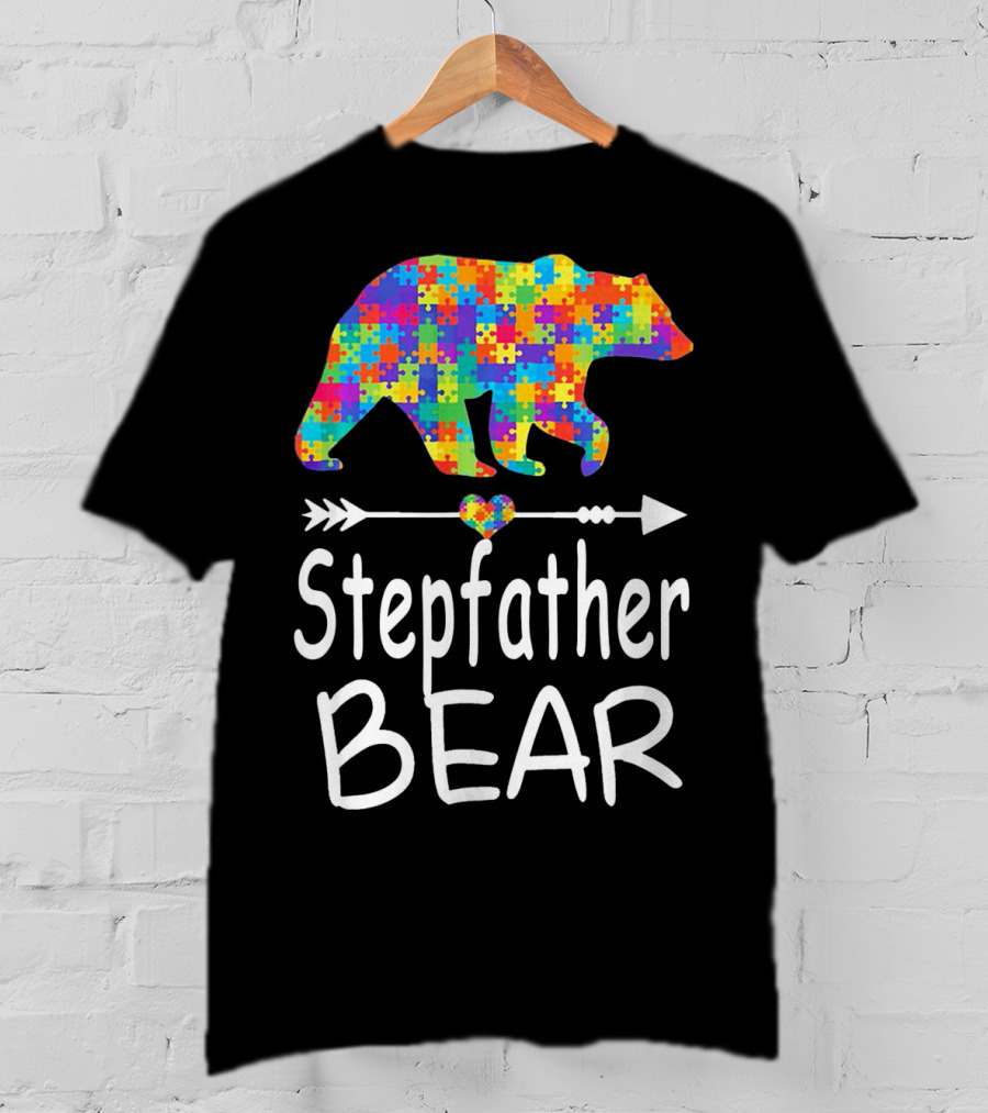 Stepfather Bear Puzzle Pattern Autism Awareness Family T-Shirt