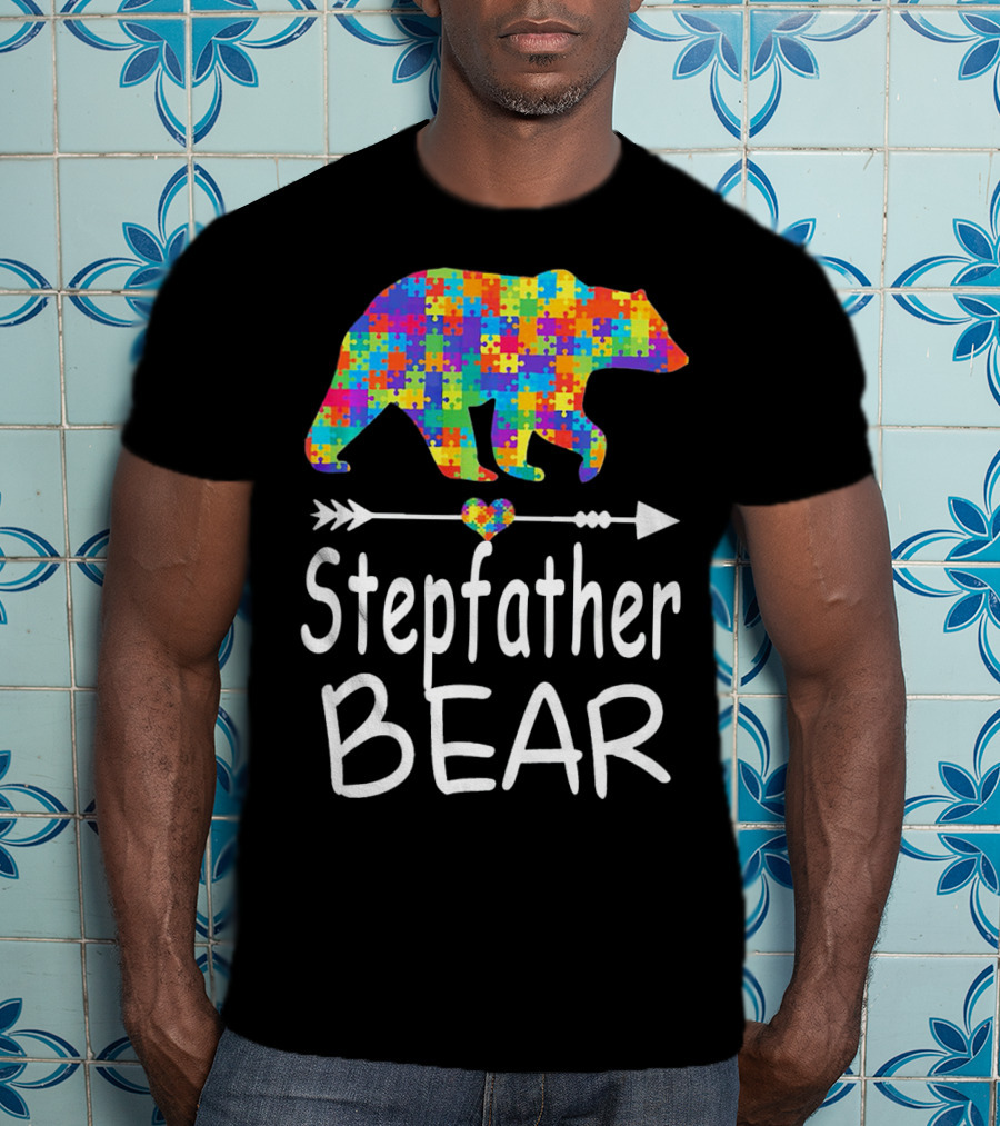 Stepfather Bear Puzzle Pattern Autism Awareness Family T-Shirt