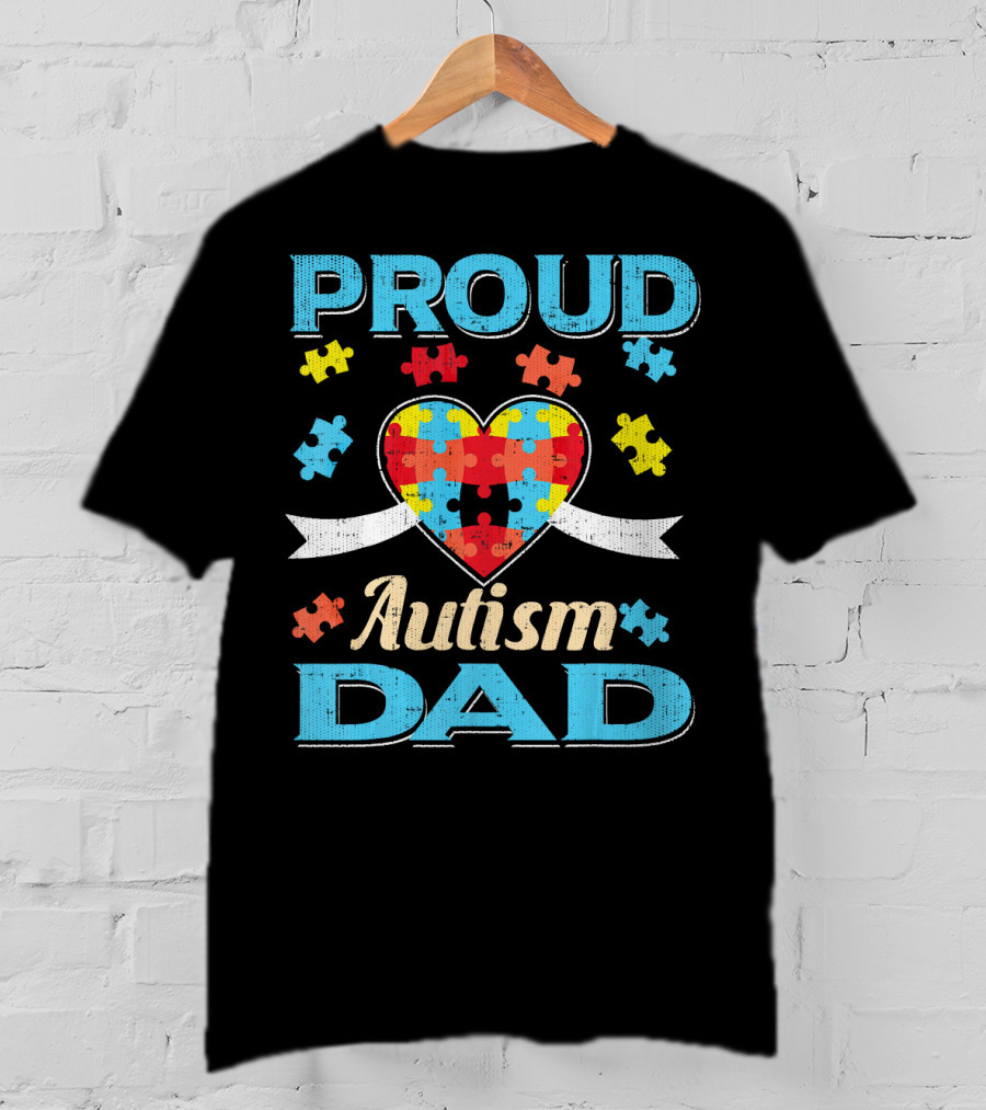 Proud Autism Dad Puzzle Heart Autism Awareness T-Shirt