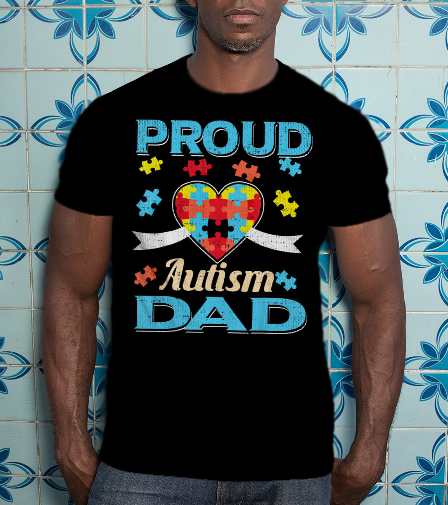 Proud Autism Dad Puzzle Heart Autism Awareness T-Shirt