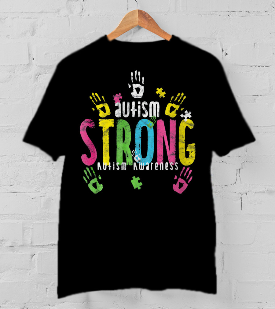 Autism Strong Autism Awareness Puzzle Piece Handprints T-Shirt