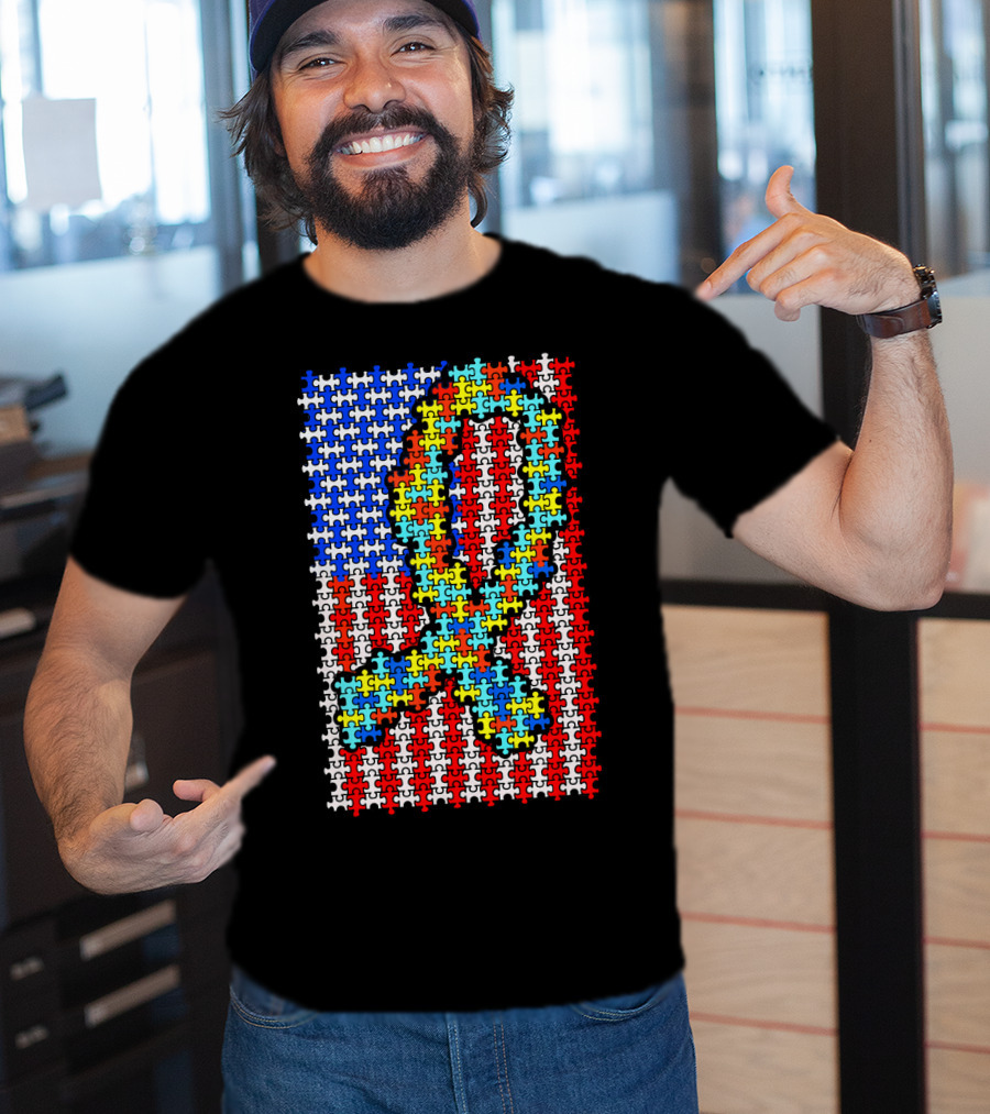 Autism Awareness Puzzle Ribbon US Flag Disability T-Shirt
