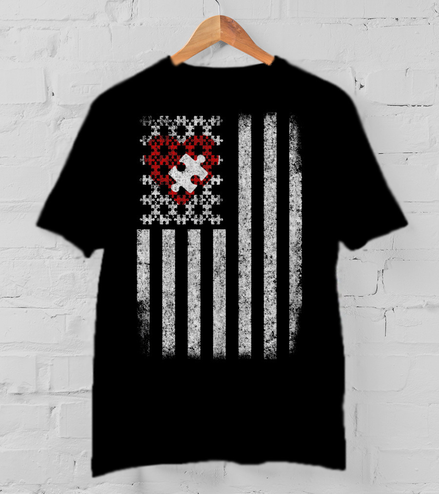 Autism Awareness American Flag Red Heart Puzzle Piece T-Shirt