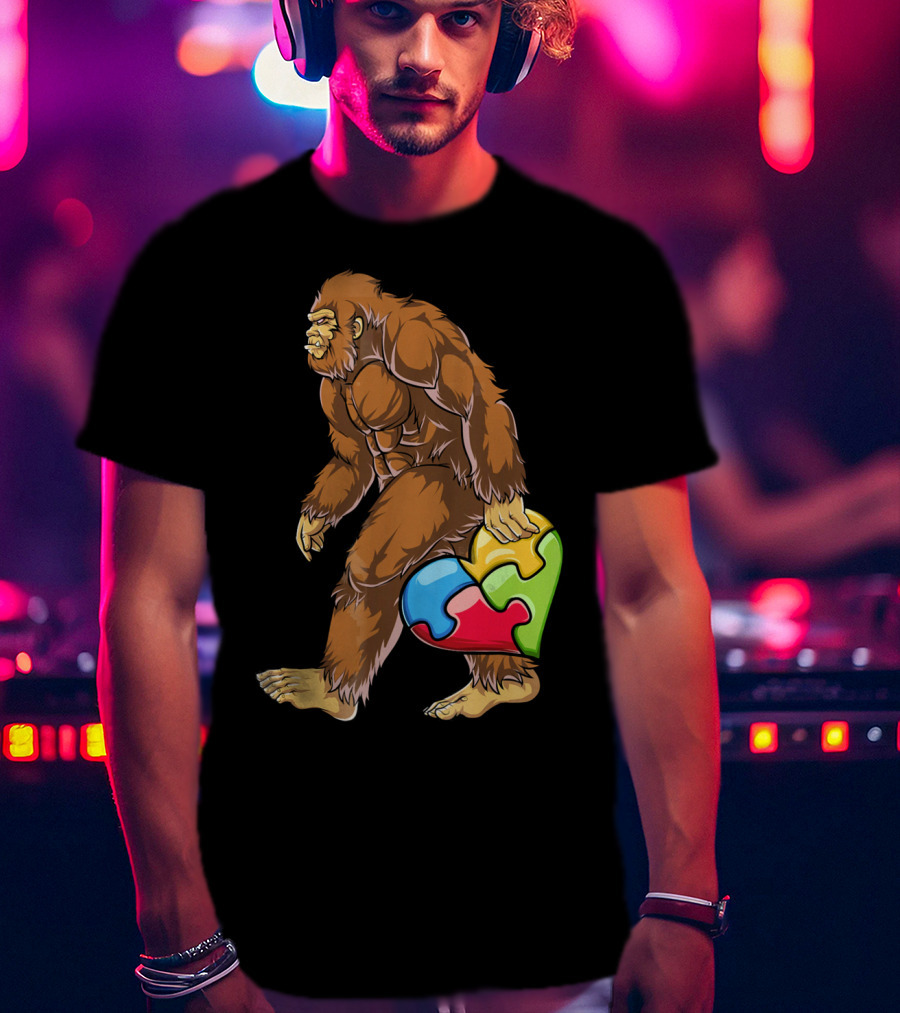 Bigfoot Holding Puzzle Piece Heart Autism Awareness T-Shirt