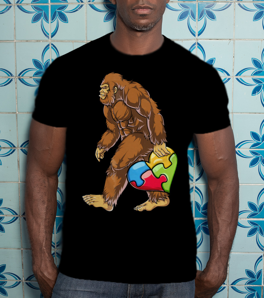 Bigfoot Holding Puzzle Piece Heart Autism Awareness T-Shirt