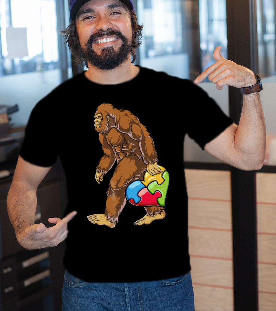 Bigfoot Holding Puzzle Piece Heart Autism Awareness T-Shirt