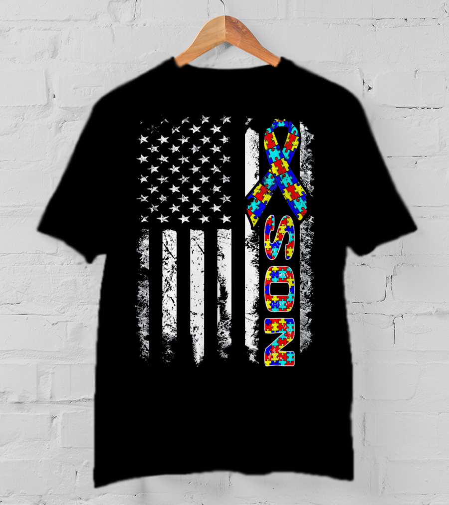 Son Autism Awareness Puzzle Ribbon American Flag T-Shirt