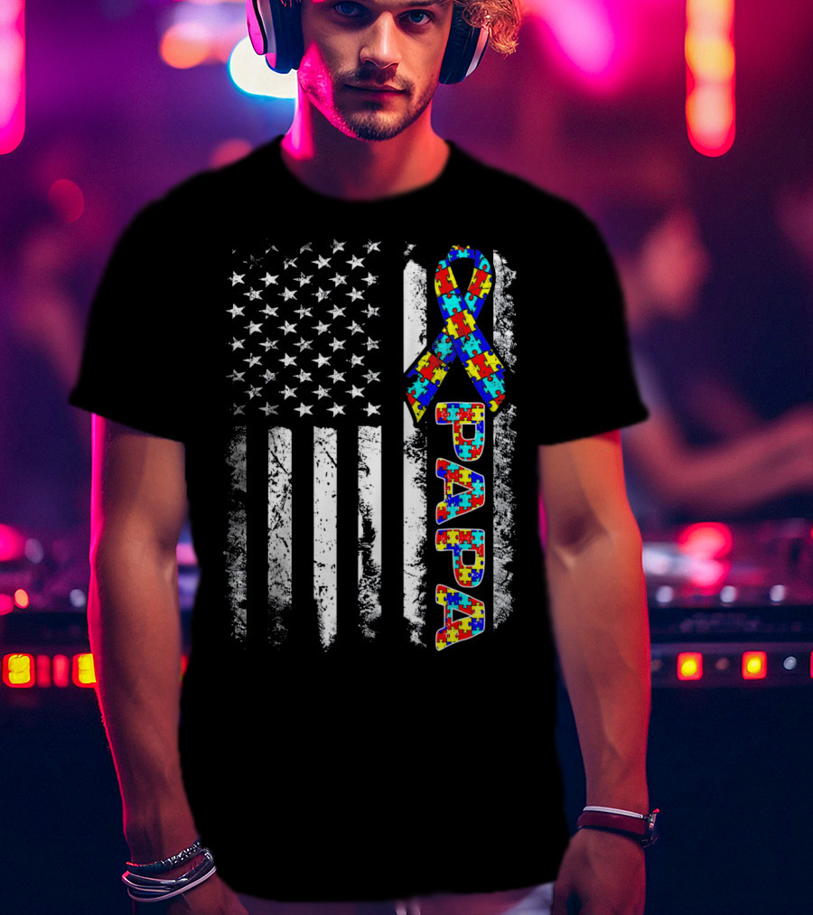 Papa Puzzle Ribbon Autism Awareness American Flag Stars Stripes T-Shirt
