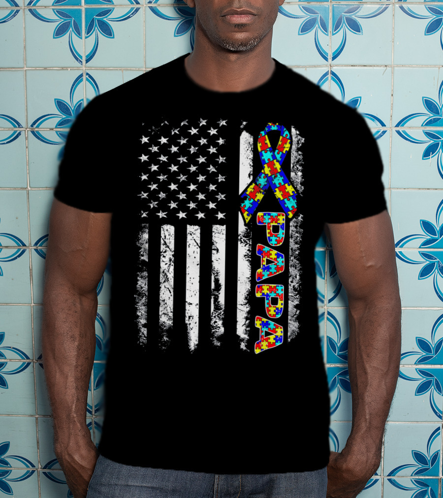 Papa Puzzle Ribbon Autism Awareness American Flag Stars Stripes T-Shirt