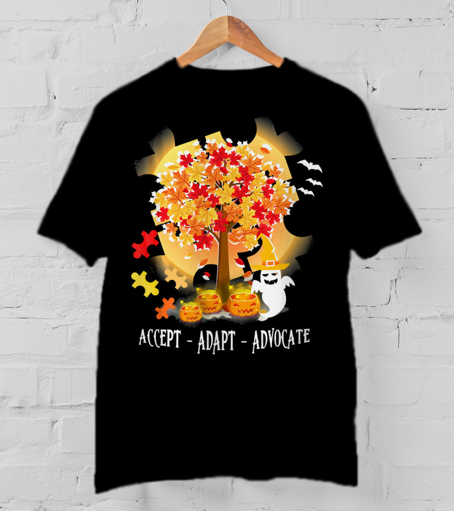 Accept Adapt Advocate Halloween Autism Awareness Ghost Pumpkin Puzzle Bats T-Shirt