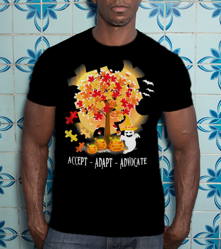 Accept Adapt Advocate Halloween Autism Awareness Ghost Pumpkin Puzzle Bats T-Shirt