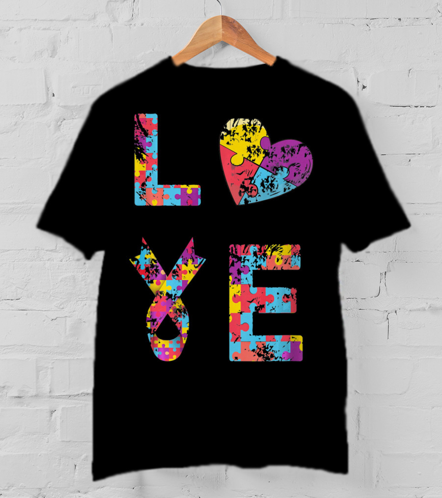 Autism Awareness Love Puzzle Heart Ribbon Design For Women Men Kids Rib T-Shirt