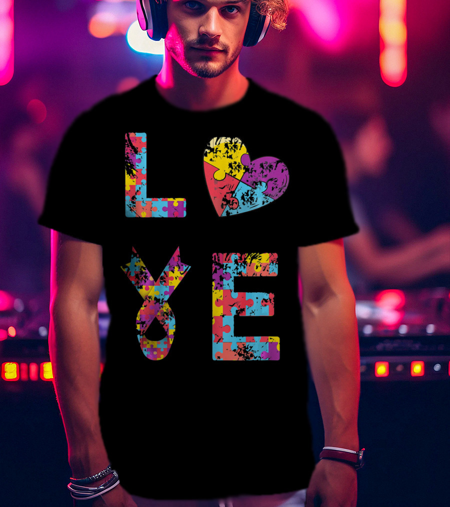 Autism Awareness Love Puzzle Heart Ribbon Design For Women Men Kids Rib T-Shirt