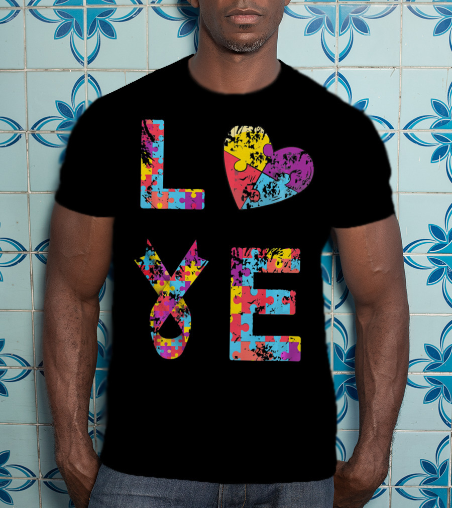 Autism Awareness Love Puzzle Heart Ribbon Design For Women Men Kids Rib T-Shirt