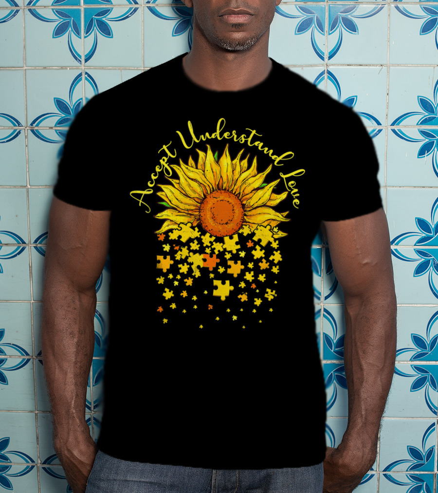 Accept Understand Love Sunflower Autism Awareness Puzzle Pieces T-Shirt
