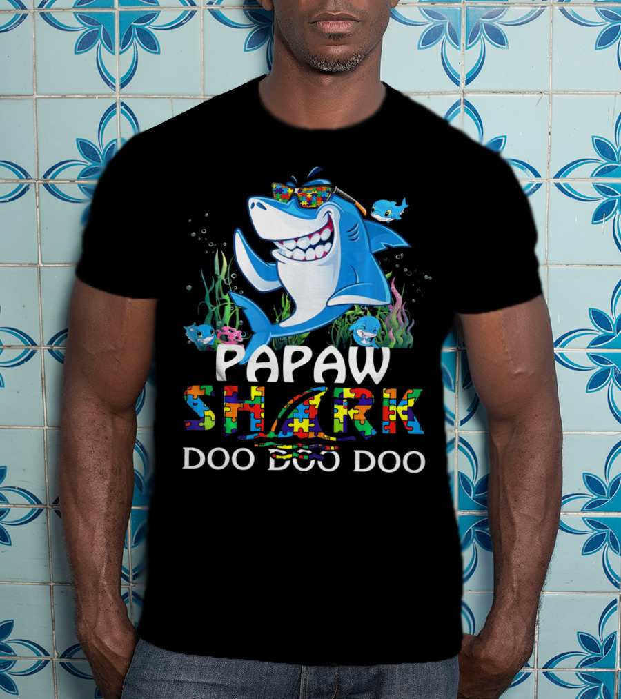 Papaw Shark Doo Doo Doo Autism Awareness Puzzle T-Shirt