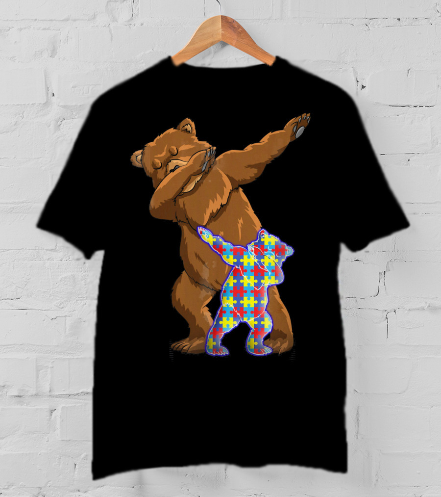 Dabbing Mama Bear With Autism Puzzle Pattern Cub T-Shirt