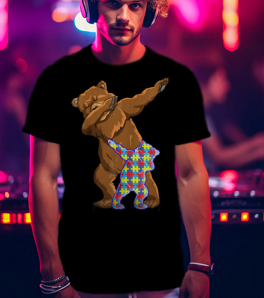 Dabbing Mama Bear With Autism Puzzle Pattern Cub T-Shirt