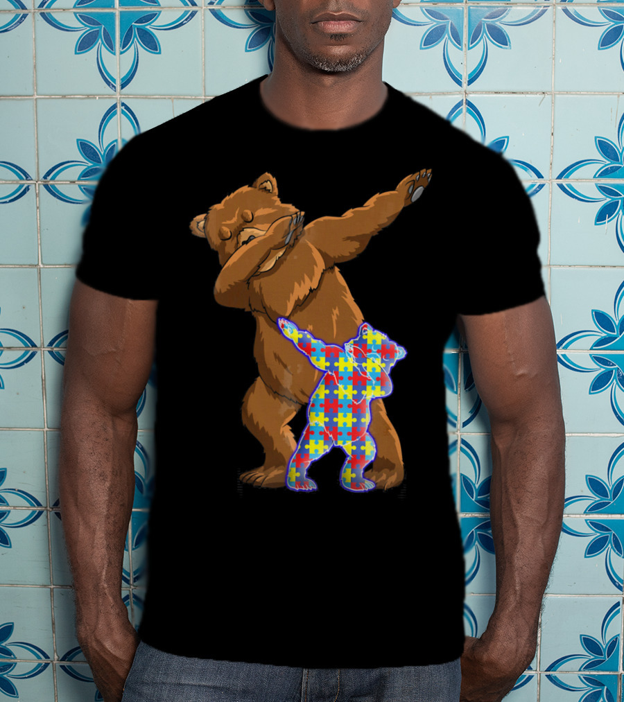 Dabbing Mama Bear With Autism Puzzle Pattern Cub T-Shirt