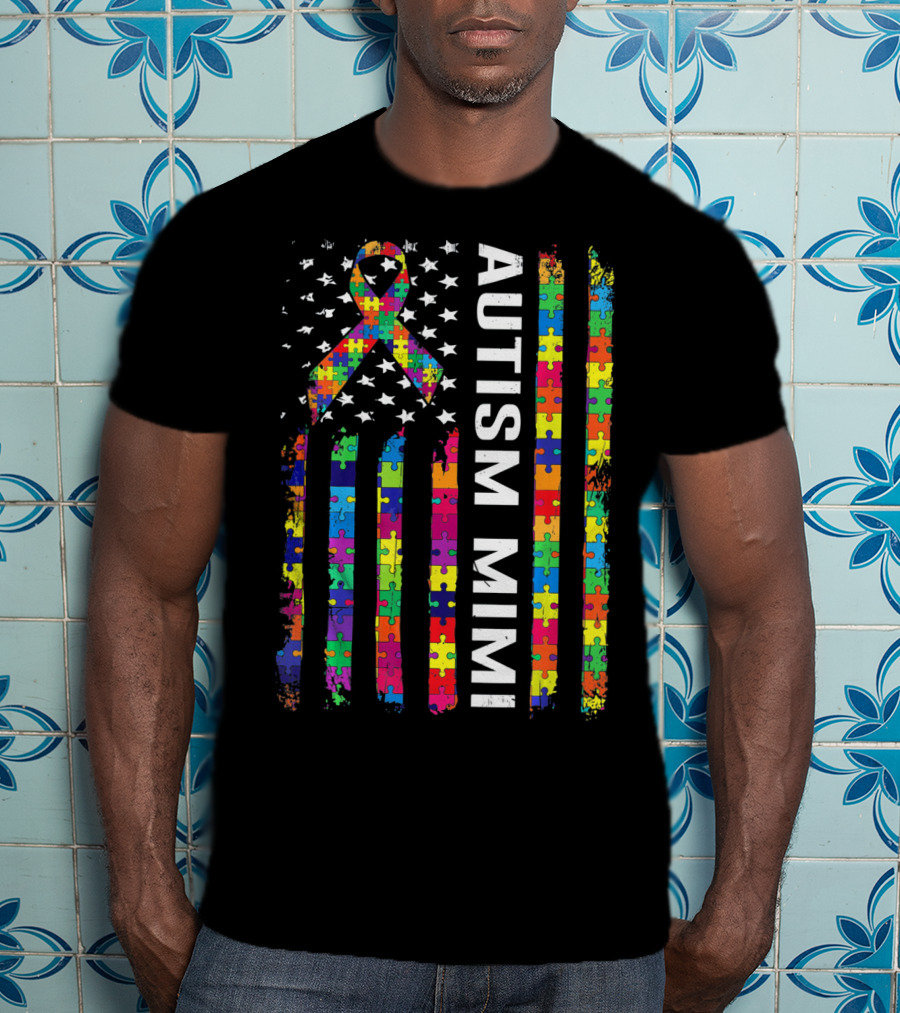 Autism Mimi Puzzle Ribbon American Flag T-Shirt