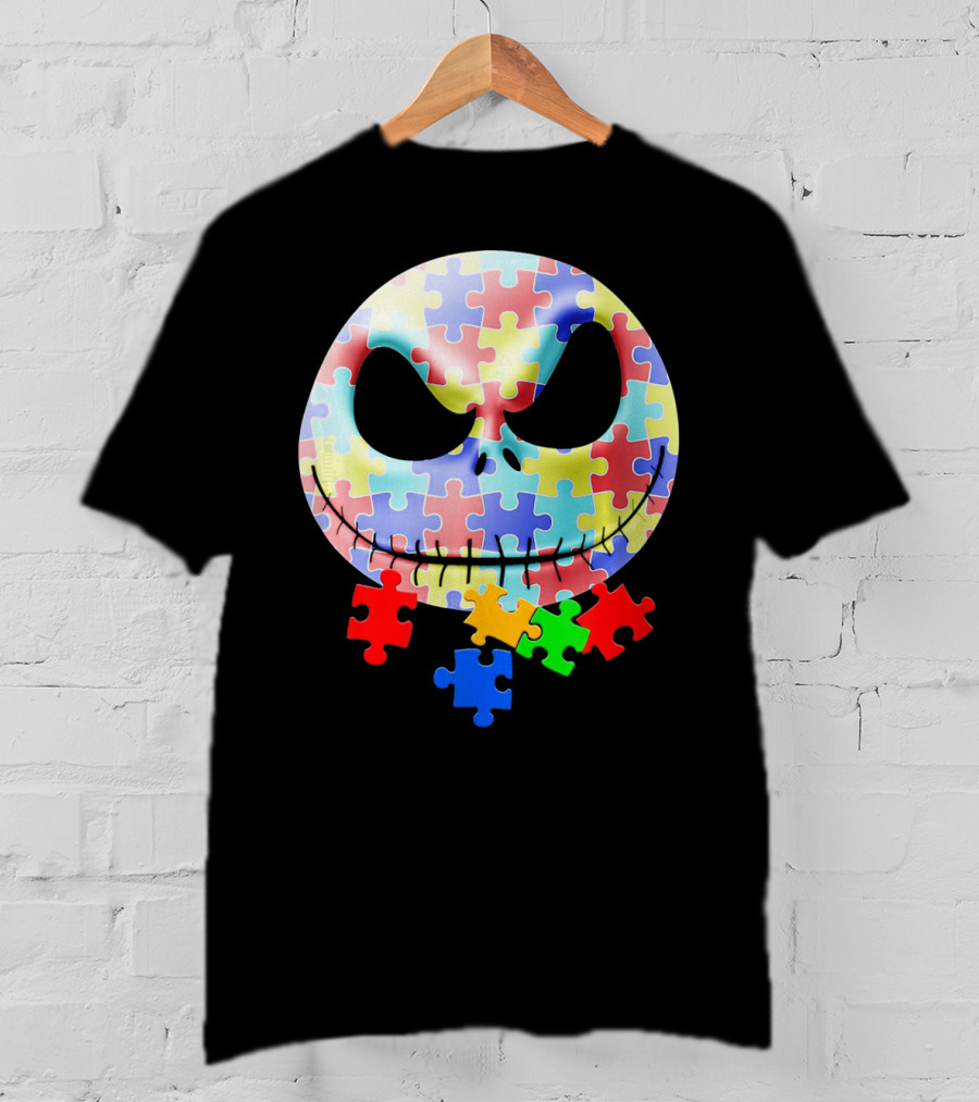Jacks Skellingtons Faces Autism Awareness Puzzle T-Shirt