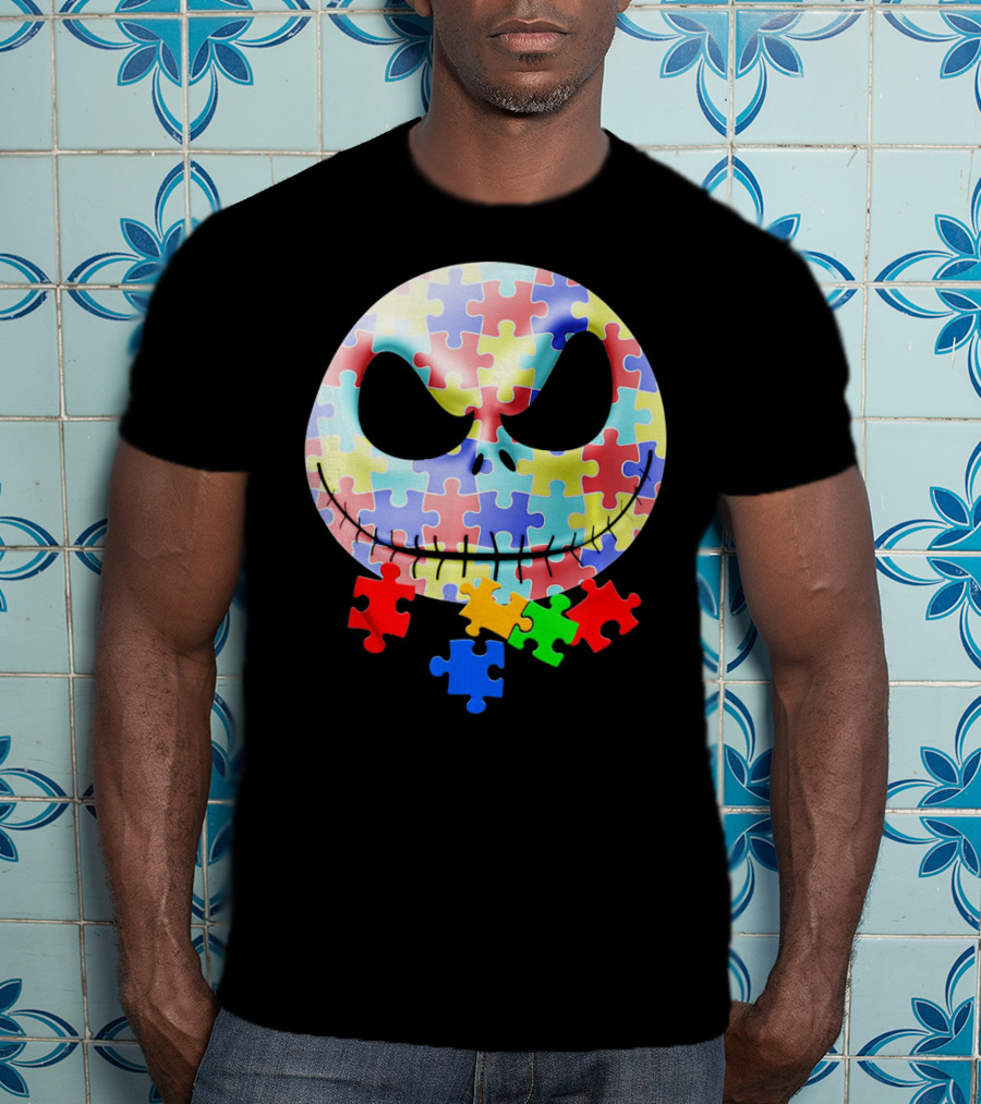 Jacks Skellingtons Faces Autism Awareness Puzzle T-Shirt