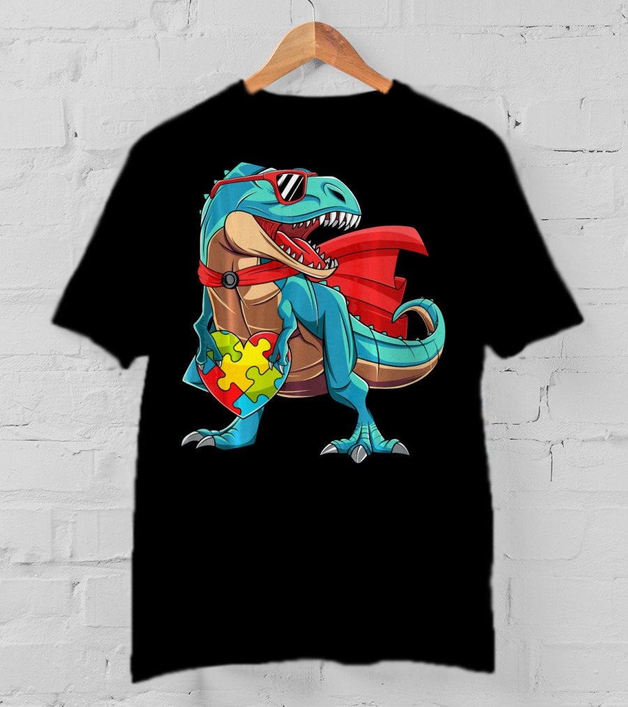 Autism Awareness Dinosaur Puzzle With Superhero Cape And Sunglasses T-Shirt
