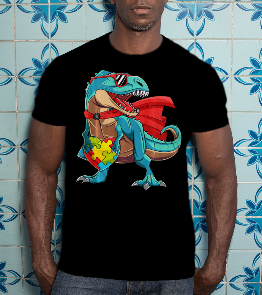 Autism Awareness Dinosaur Puzzle With Superhero Cape And Sunglasses T-Shirt