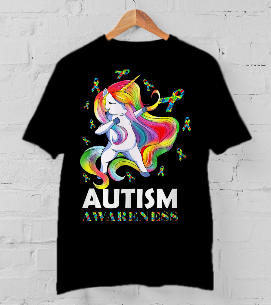 Autism Awareness Dabbing Unicorn With Colorful Puzzle Ribbons T-Shirt