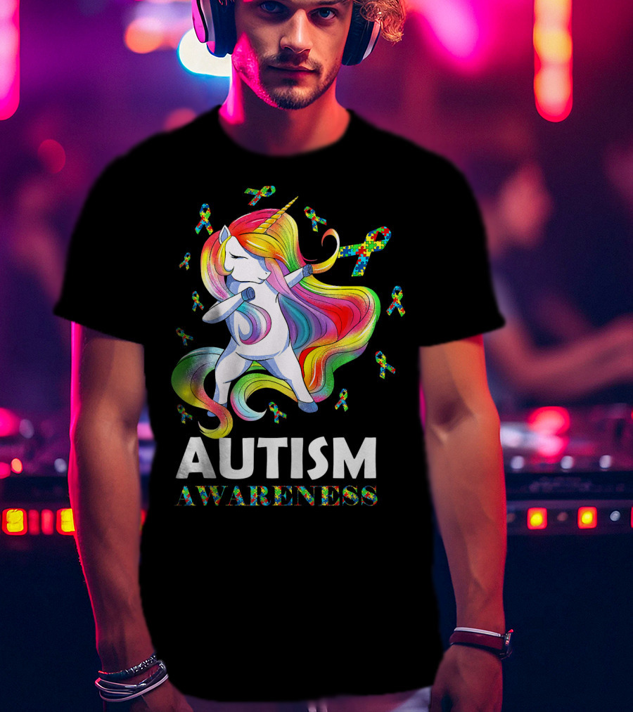 Autism Awareness Dabbing Unicorn With Colorful Puzzle Ribbons T-Shirt