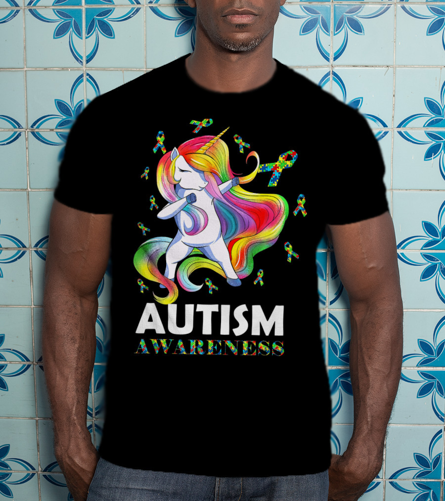 Autism Awareness Dabbing Unicorn With Colorful Puzzle Ribbons T-Shirt