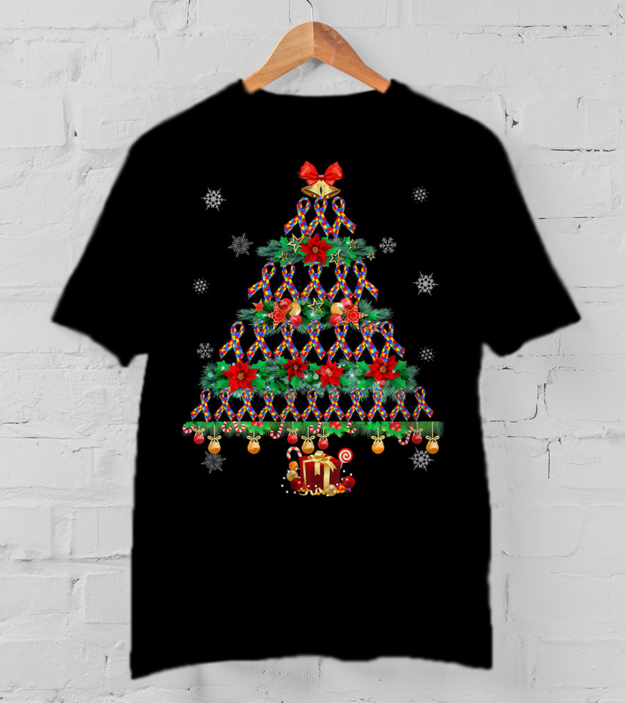 Autism Christmas Tree Puzzles And Xmas Lights With Presents And Snowflakes T-Shirt