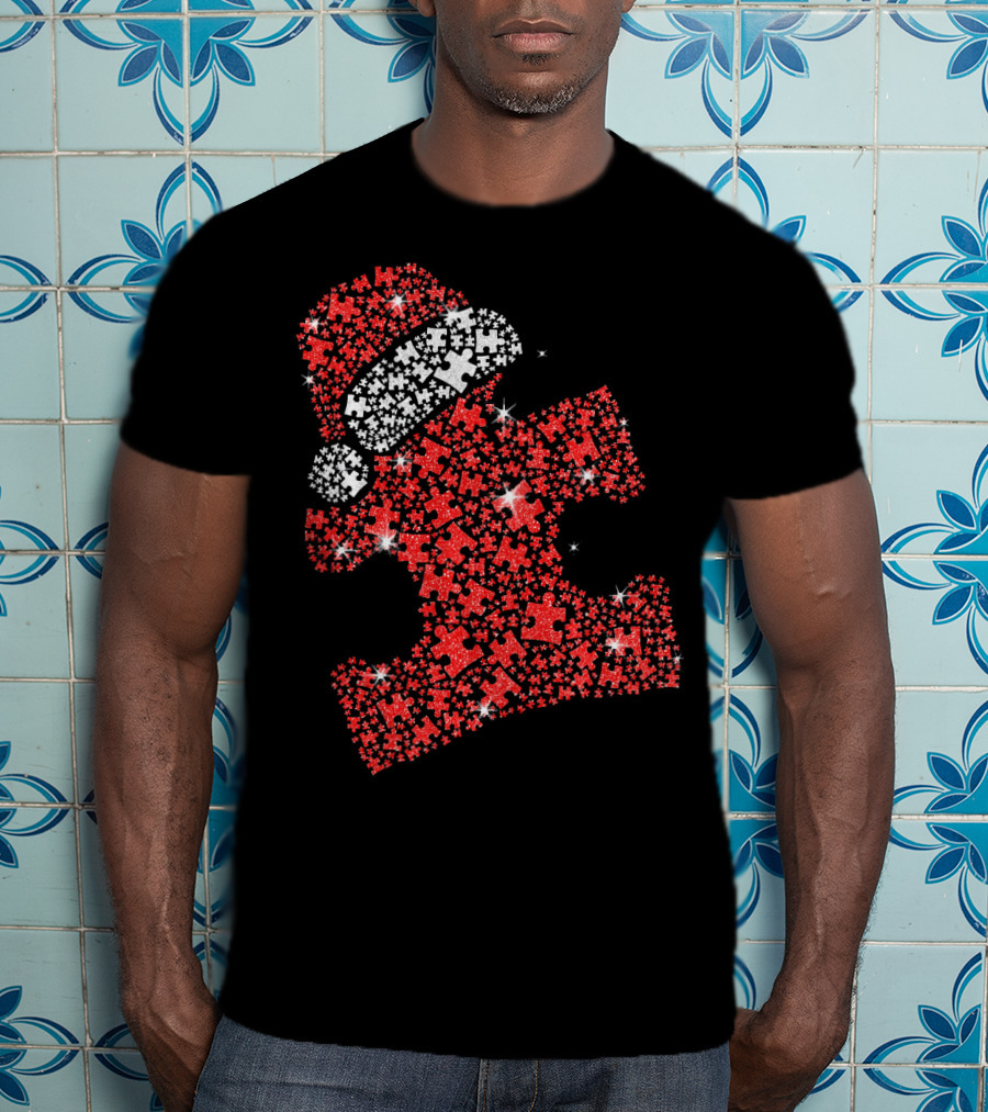 Puzzle Pieces Santa Hat Autism Awareness T-Shirt