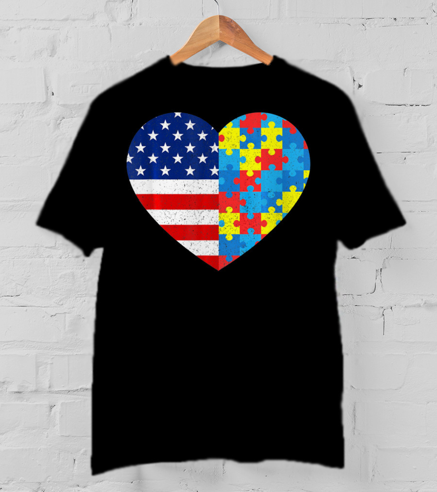 American Flag Heart Autism Awareness Puzzle Piece T-Shirt