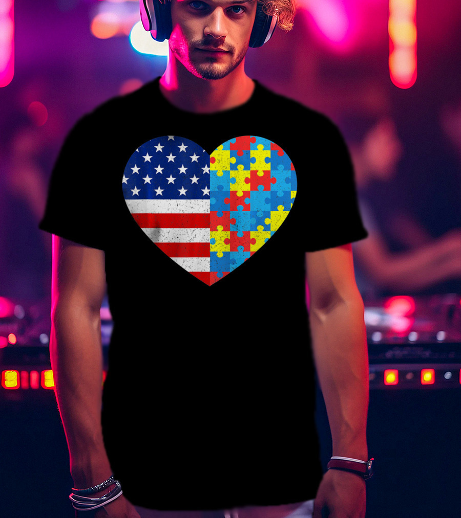 American Flag Heart Autism Awareness Puzzle Piece T-Shirt