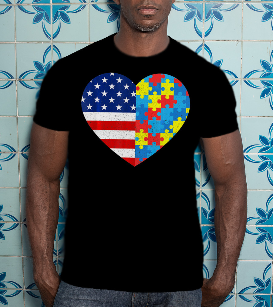 American Flag Heart Autism Awareness Puzzle Piece T-Shirt