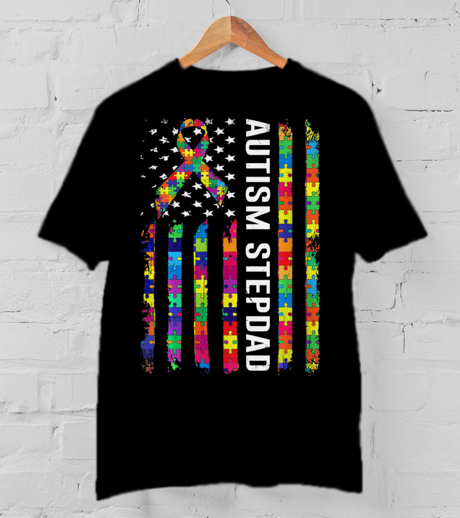 Autism Stepdad American Flag Puzzle T-Shirt