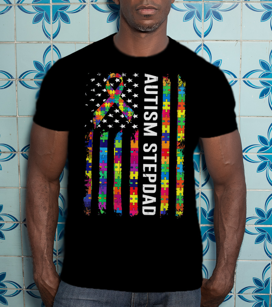 Autism Stepdad American Flag Puzzle T-Shirt