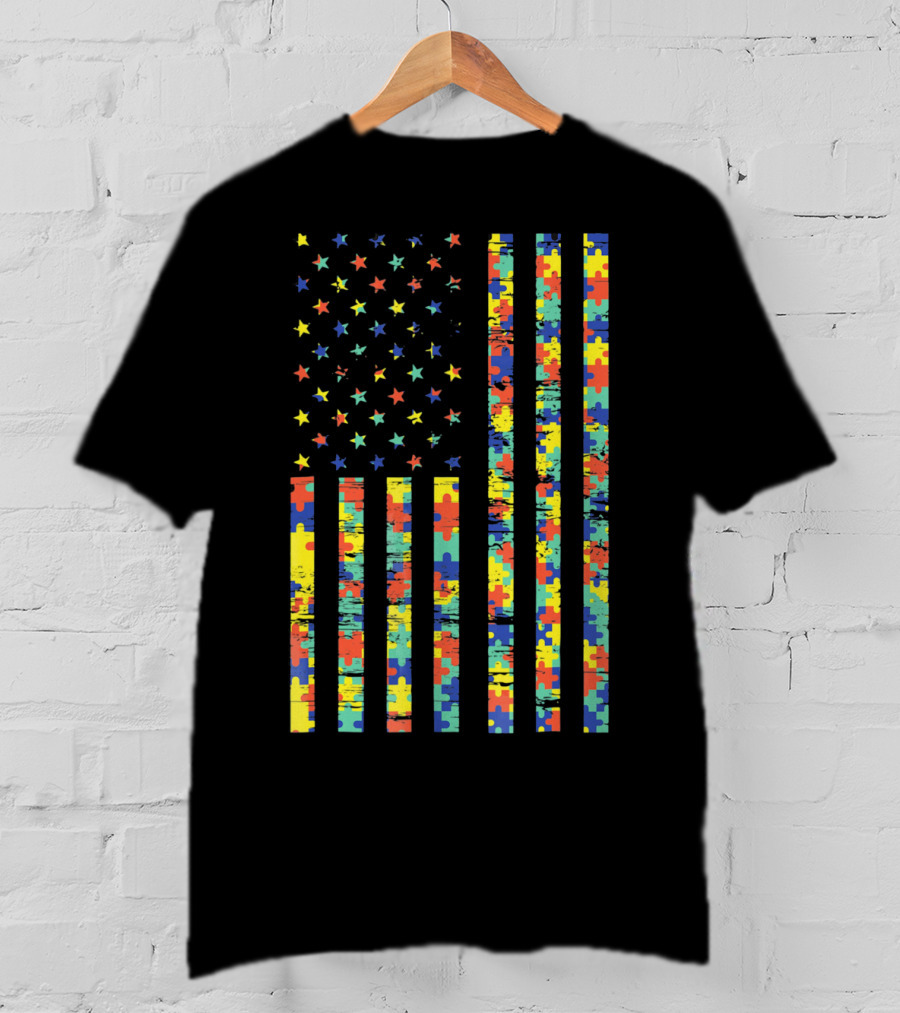 American Flag Puzzle Autism Awareness Stars T-Shirt