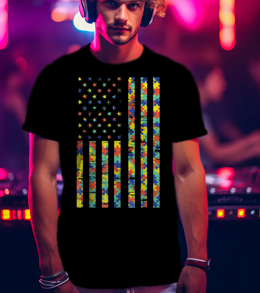 American Flag Puzzle Autism Awareness Stars T-Shirt