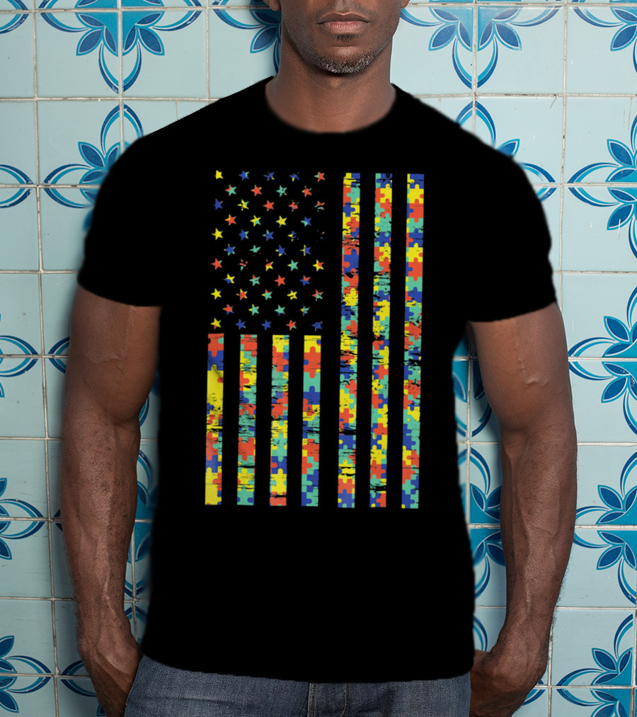 American Flag Puzzle Autism Awareness Stars T-Shirt