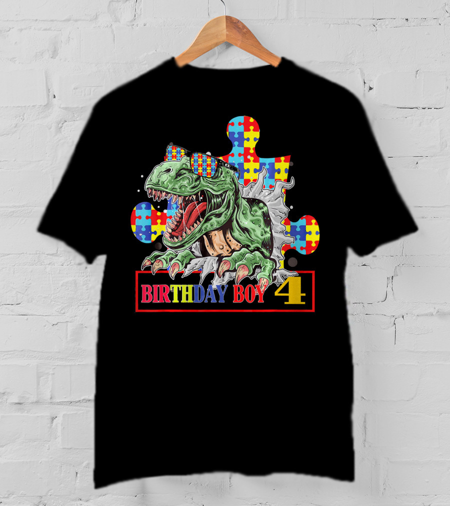 T Rex Birthday Boy 4 Autism Awareness T-Shirt