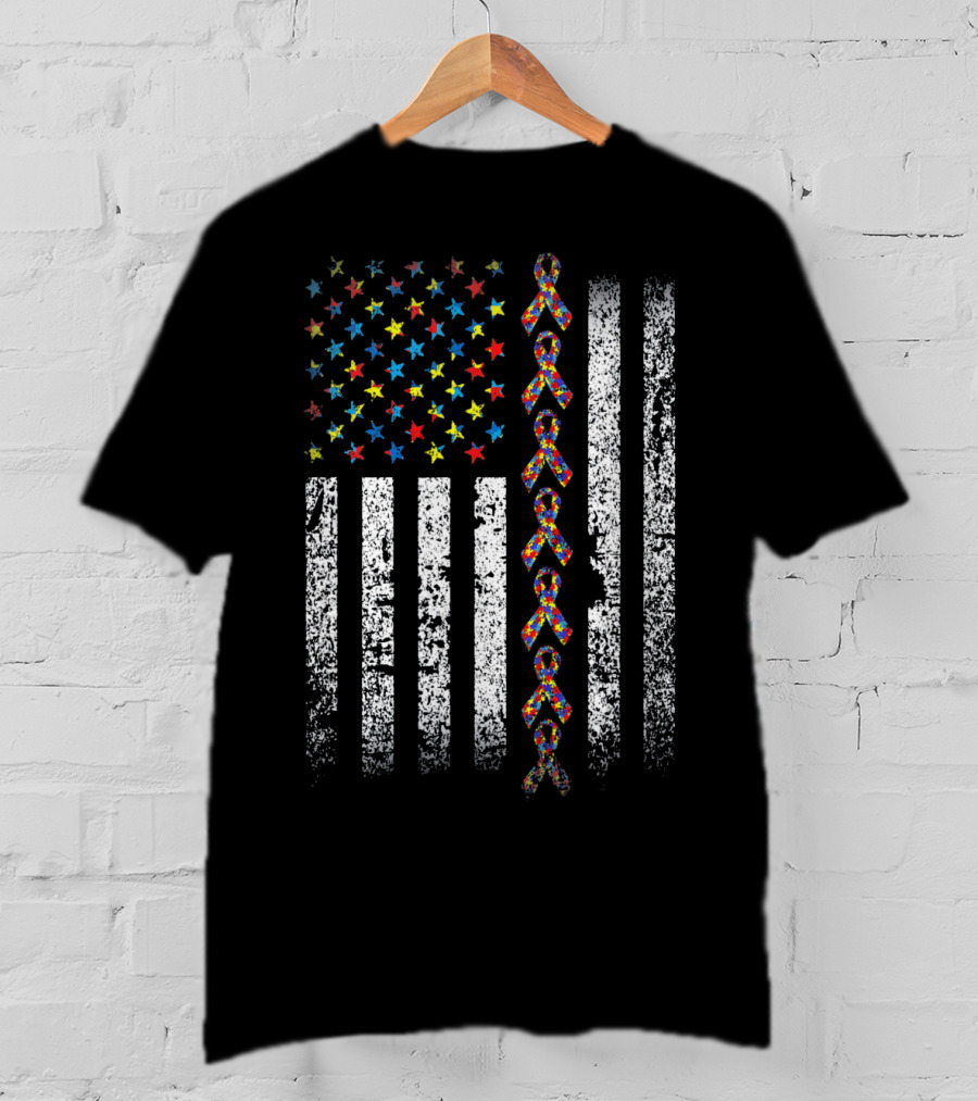 USA Flag With Autism Awareness Ribbon T-Shirt
