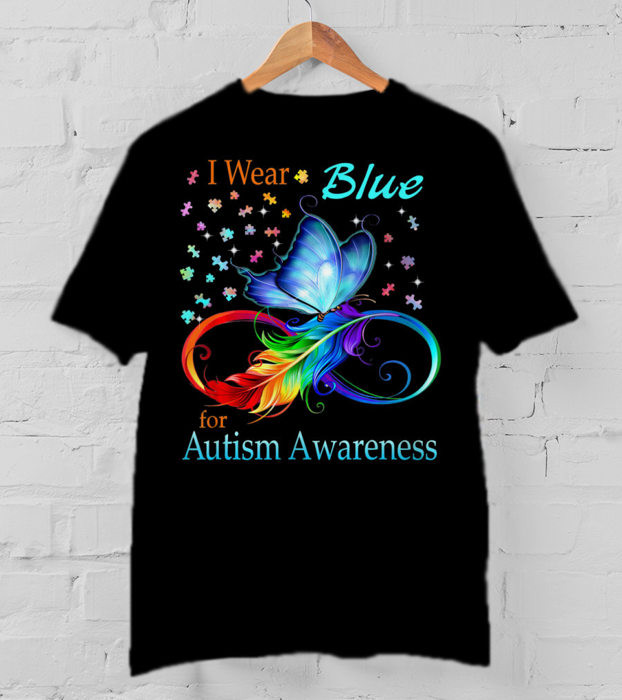 I Wear Blue For Autism Awareness Butterfly Ribbon Puzzle Pieces T-Shirt