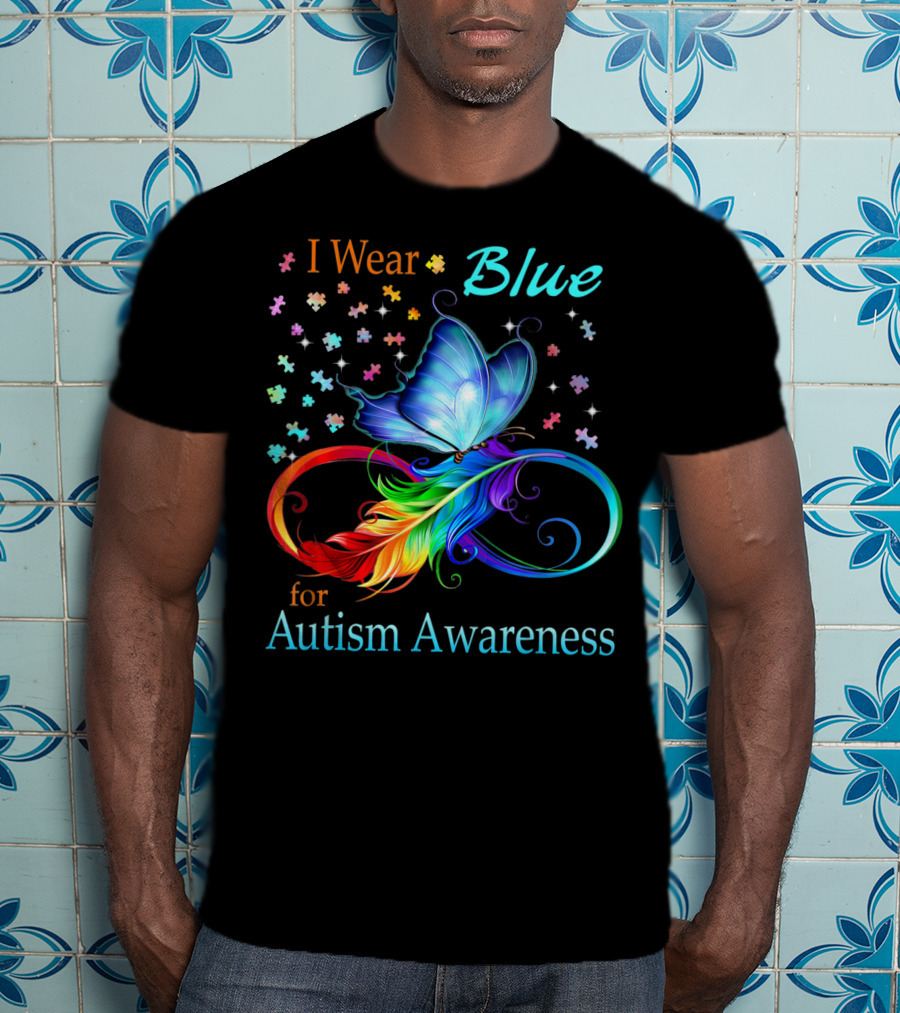 I Wear Blue For Autism Awareness Butterfly Ribbon Puzzle Pieces T-Shirt