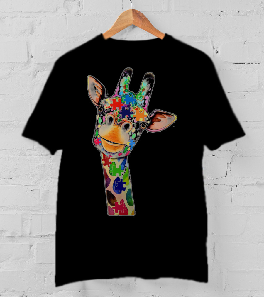 Cute Giraffe With Colorful Puzzle Pieces For Happy Autism Day Awareness T-Shirt