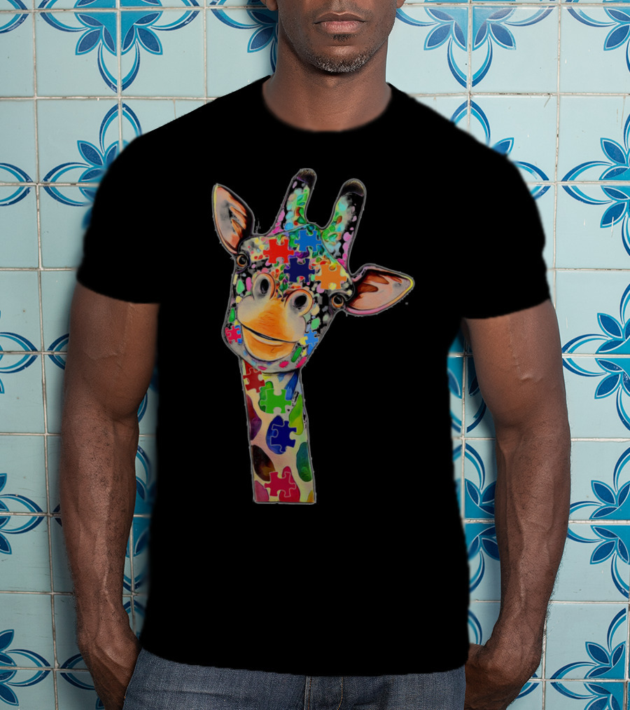 Cute Giraffe With Colorful Puzzle Pieces For Happy Autism Day Awareness T-Shirt